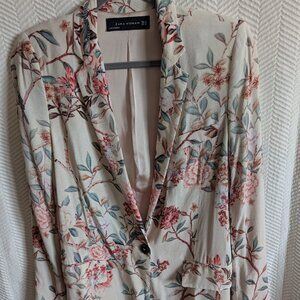 Zara Woman Floral & Blue jay print Blazer Size XS Spring Lightweight Feminine